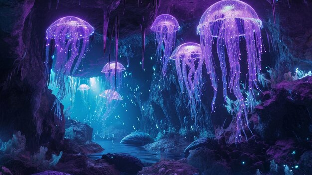 洞窟を泳ぐクラゲ、魅惑的な水中光景
