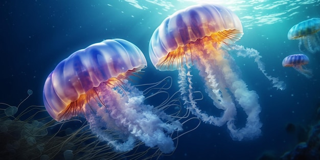 Jellyfish swimming in the ocean with AI generated