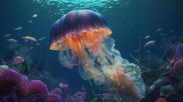 A jellyfish swimming in the ocean with its head turned to the side Generative ai