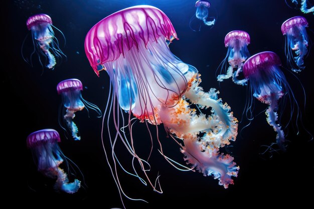Jellyfish swimming in the water Underwater world aquarium Jellyfish in the aquarium capturing the beauty of these marine creatures AI Generated