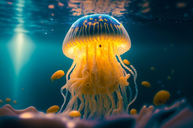 Jellyfish swimming in the water with its head above the water's surface generative ai