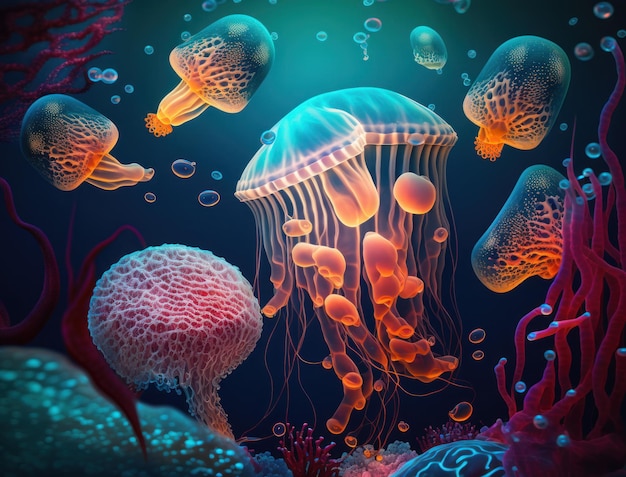 Медуза плавает в мультяшном стиле океана, созданном с помощью технологии генеративного искусственного интеллекта.
