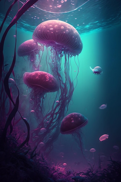 Jellyfish and turtle in the sea