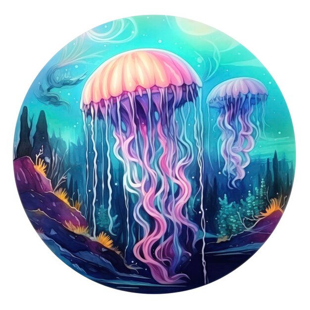 Jellyfish in an underwater landscape in a circle