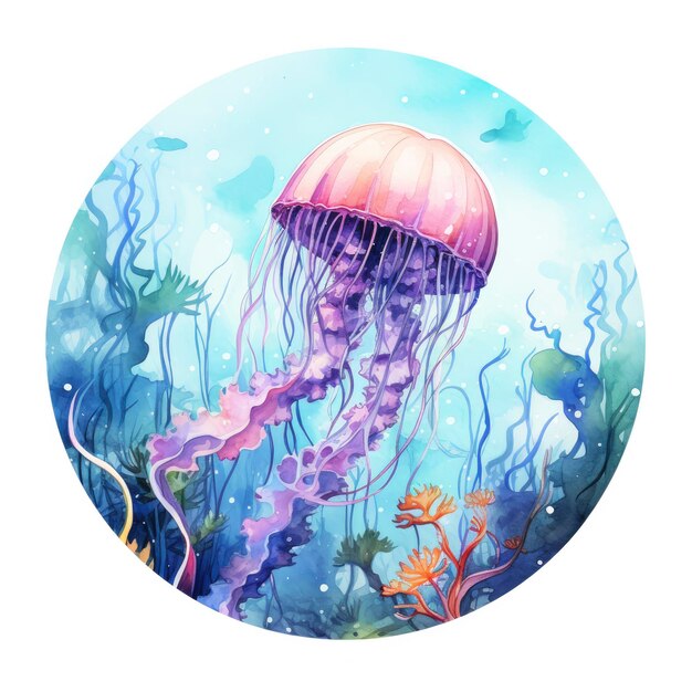 Photo jellyfish in an underwater landscape in a circle