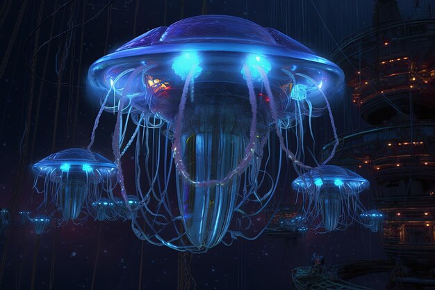 輝く青い回路を持つ水母は未来的なバイオメカニカルデザインです