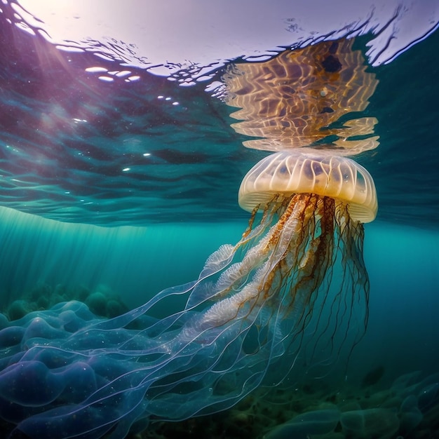 Jellyfish with long tentacles in sea water close-up, interesting marine animal