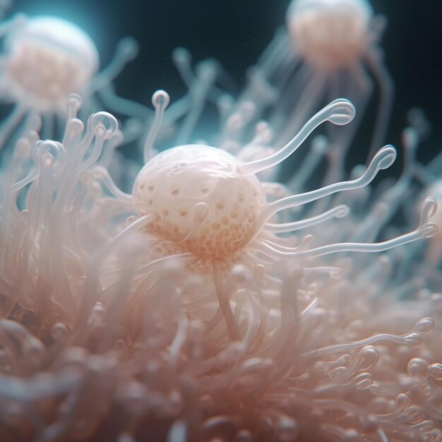 A jellyfish with a neon jellyfish in the background