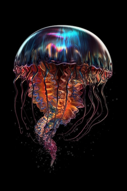 A jellyfish with a rainbow colored pattern