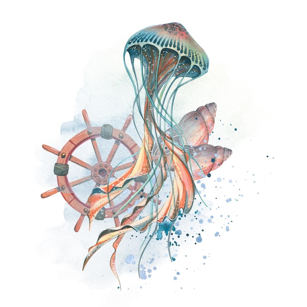 A jellyfish with a steering wheel and seashells Watercolor illustration Composition on a white background with spots and splashes of paint from the SYMPHONY OF the SEA collection For decoration