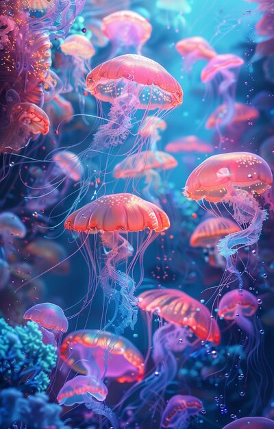 jellyfishs floating in the water with a bright blue background generative ai