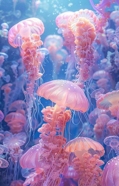 jellyfishs floating in the water with bubbles of water generative ai