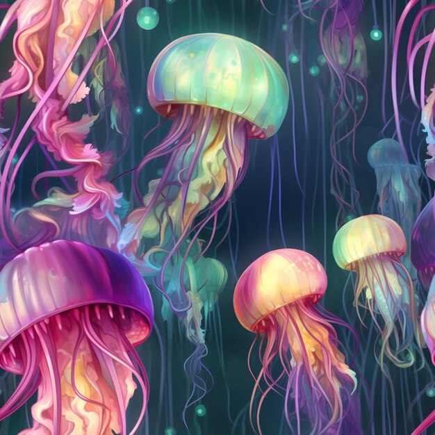 jellyfishs floating in the water with a green background generative ai