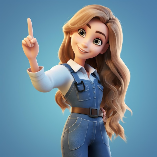 Jennifer 3d Cartoon Girl in blauwe overalls die met haar rechterhand wijst