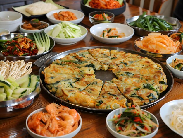 Photo jeon korean pancakes seafood vegetables lunar new year food