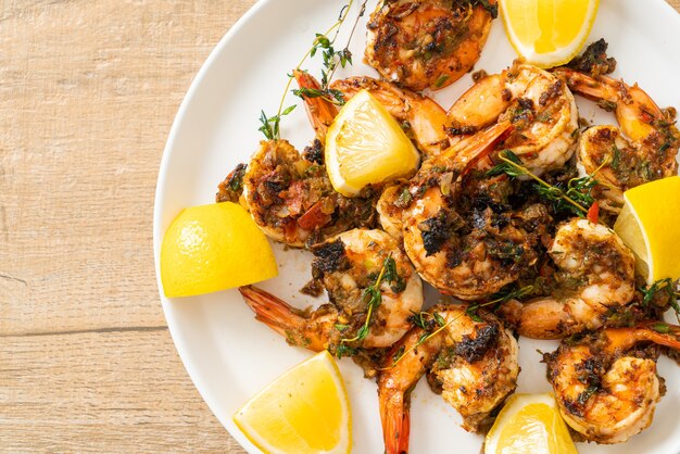 jerk shrimps or grilled shrimps in Jamaica style on plate