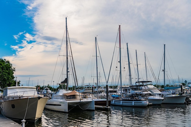 Jersey city usa june 28 2023 yacht and catamaran at liberty landing marina on hudson river