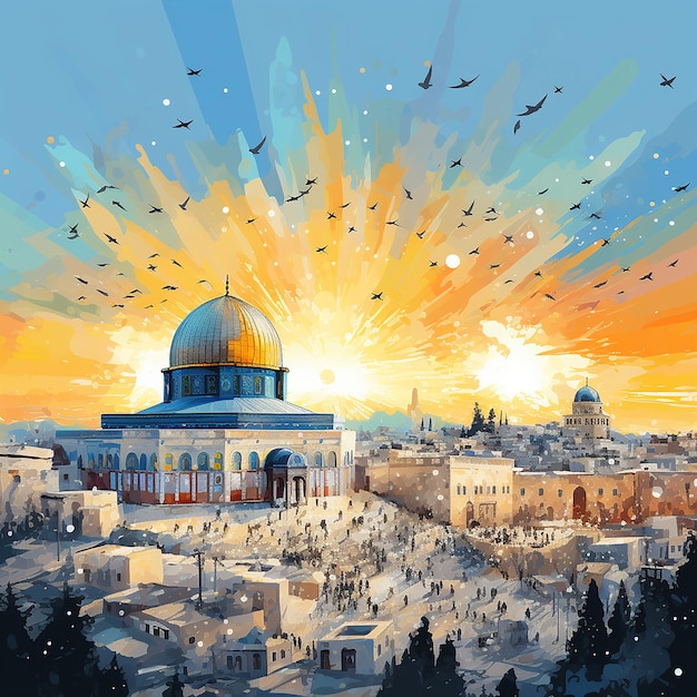 Jerusalem al aqsa mosque alquds alsharif old city historical illustration background generative ai
