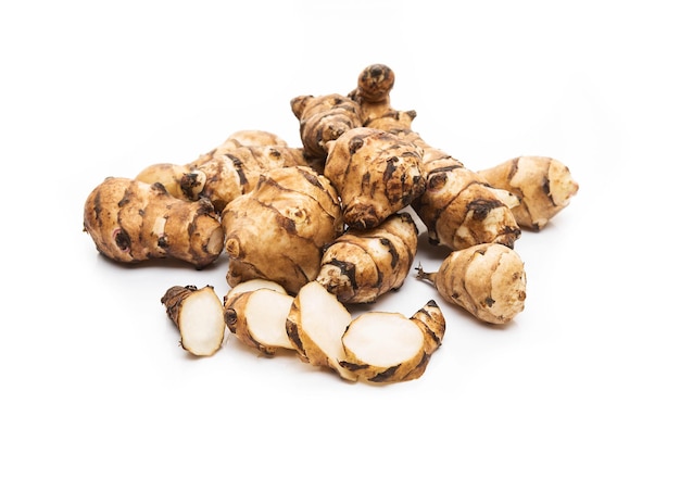 Jerusalem artichoke root isolated on a white background, close-up