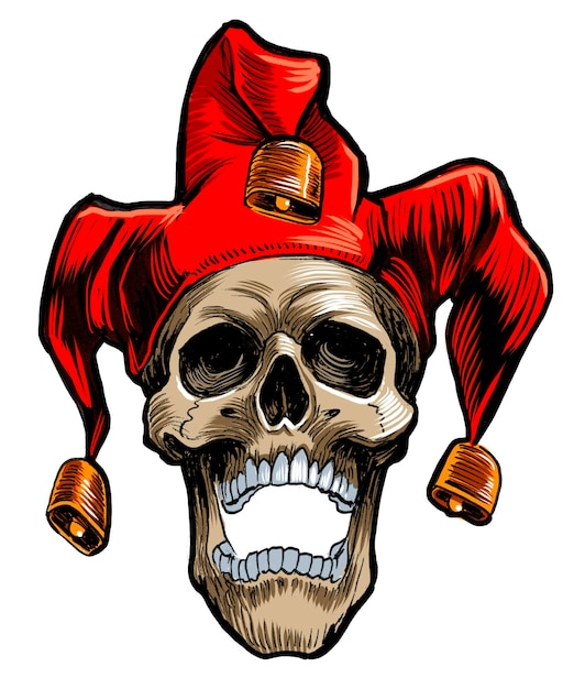 Photo jester skull in hat handdrawn ink on paper and hand colored on tablet