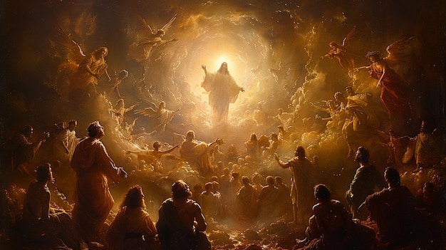 Jesus Ascending Into Heaven Surrounded By Background