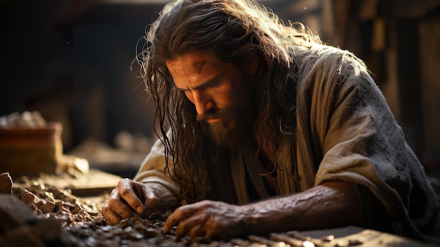 Jesus building a wooden table