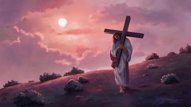 예수는 빛과 구름을 상징하는 고통의 십자가를 지고 있습니다.