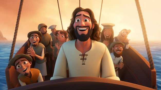 Jesus character with the other disciples standing on a boat