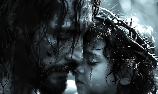 Jesus and the child A child in a crown of thorns suffering pain next to Jesus black and white