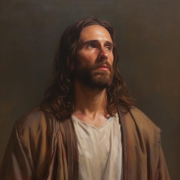 Иисус Христос Библия в образе человека средних лет сильный красивый длинные волосы AI вымышленный портрет человека