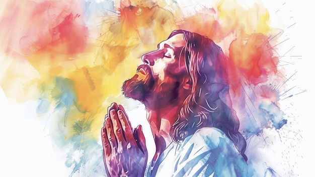 Photo jesus christ blessing prayerful christians in a religious watercolor illustration generative ai