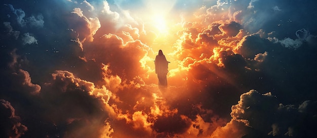 Photo jesus christ in blue sky with clouds bright light from heaven ai generative
