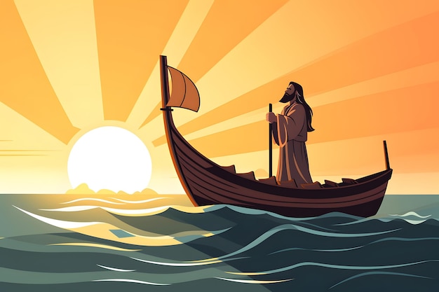 イエス ・ キリスト は 船 に 乗っ て 海 の 嵐 を 落ち着か せ て い ます