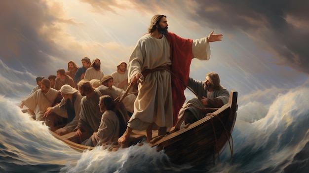 Jesus Christ on the boat calms the storm at the sea
