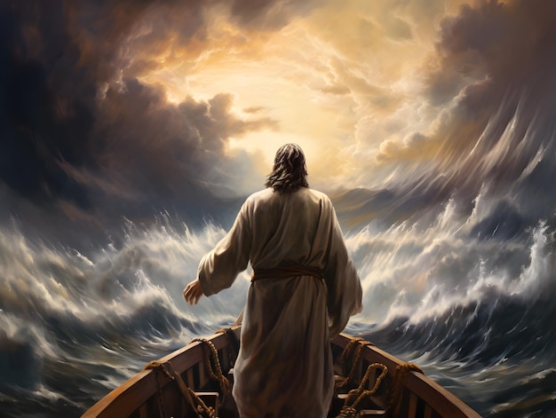 Photo jesus christ on the boat calms the storm at the sea