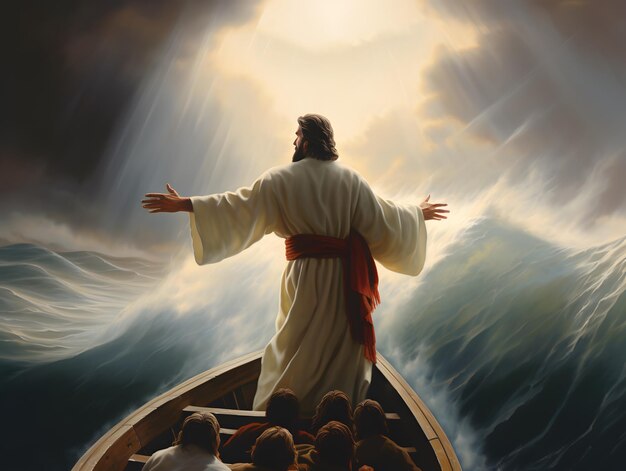 Photo jesus christ on the boat calms the storm at the sea