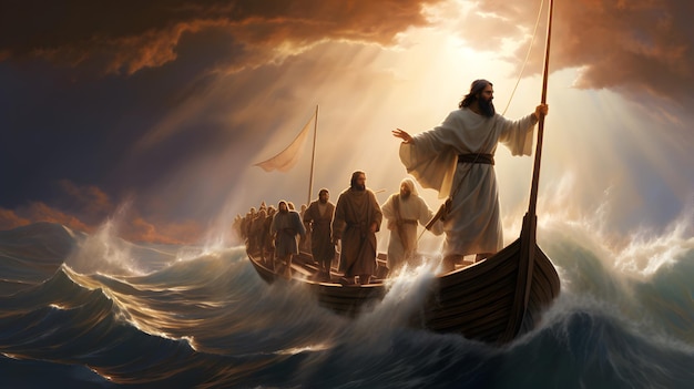 Photo jesus christ on the boat calms the storm at the sea