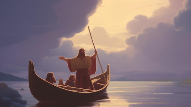 Photo jesus christ on the boat calms the storm at the sea