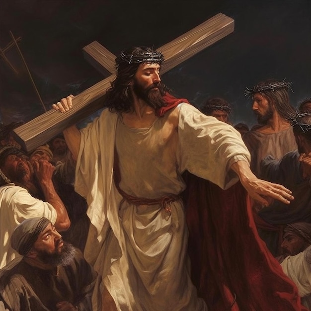 Jesus Christ carries his cross to Golgotha Bible Faith Torment and suffering Giving his life for our sins The hard way Christian symbol of faith Calvary God Generative AI