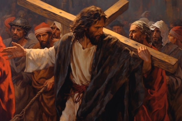 Jesus Christ carries his cross to Golgotha Bible Faith Torment and suffering Giving his life for our sins The hard way Christian symbol of faith Calvary God Generative AI