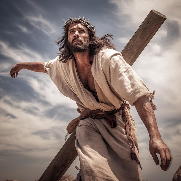 Jesus Christ carries his cross to Golgotha Bible Faith Torment and suffering Giving his life for our sins The hard way Christian symbol of faith Calvary God Generative AI