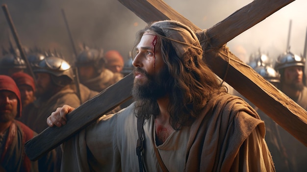 Иисус Христос несет крест, идущий на Голгофу.