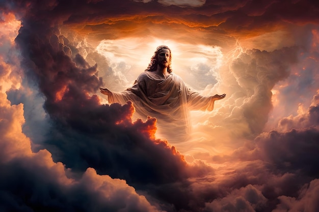 Photo jesus christ close up portrait in the dramatic sunset sky