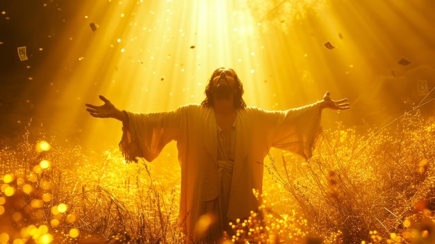 Фото Иисус христос закрывает портрет в драматическом заходе солнца на небе с крестом бог молится