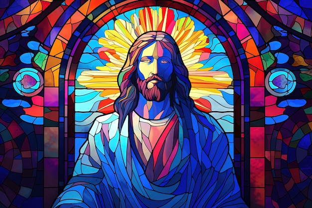 Jesus christ colorful in stained glass window background