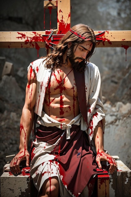 Jesus Christ on the Cross suffering and bleeding