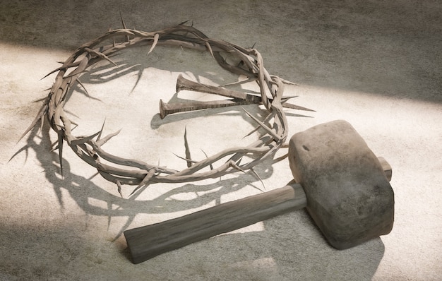 Gesù cristo corona di spine chiodi e rendering 3d martello