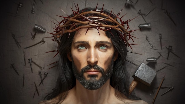 예수 그리스도, 가시의 왕관, 못과 망치 3D 렌더링