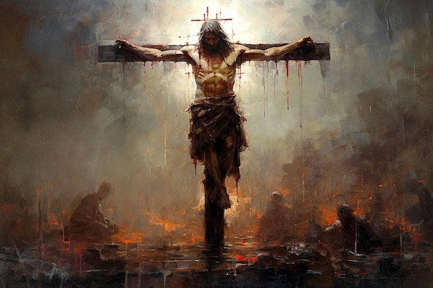 Jesus Christ crucified on cross on Mount Golgotha Died for the sins of mankind son of God Bible faith christmas catholic religion christian happy easter praying good friday Generative AI