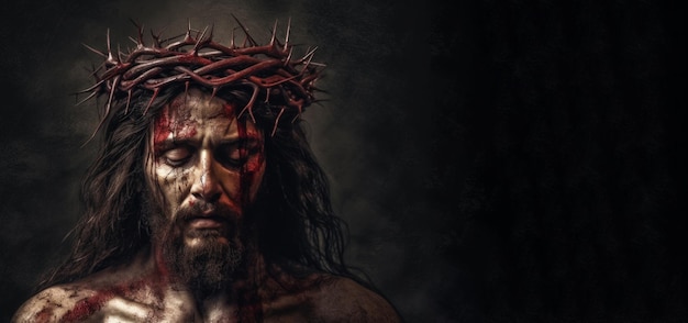 Jesus Christ crucified martyr for the sins of mankind in a crown of thorns with streaks of blood